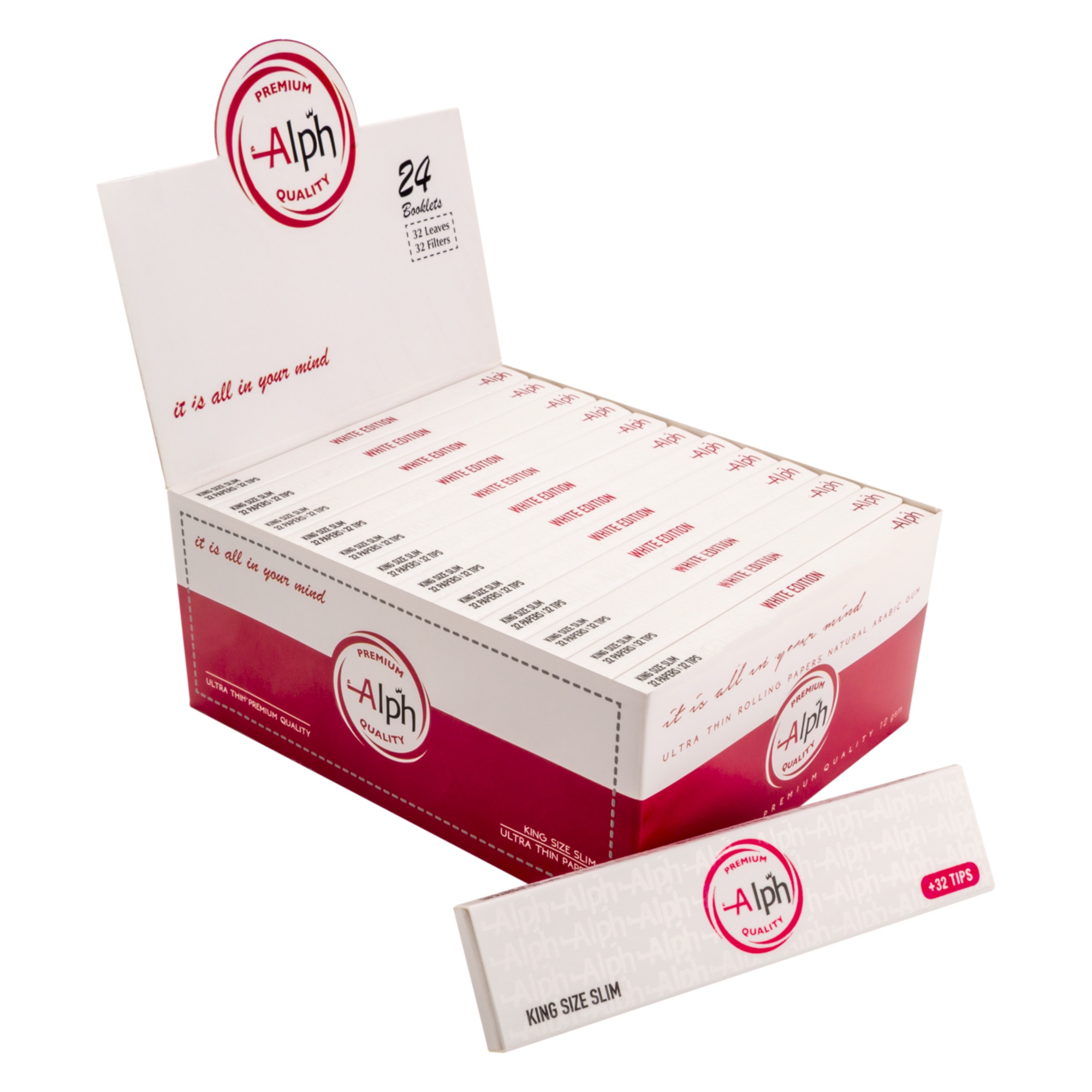 Alph King Size White Papers + Tips - Box of 24 Booklets (White Edition)