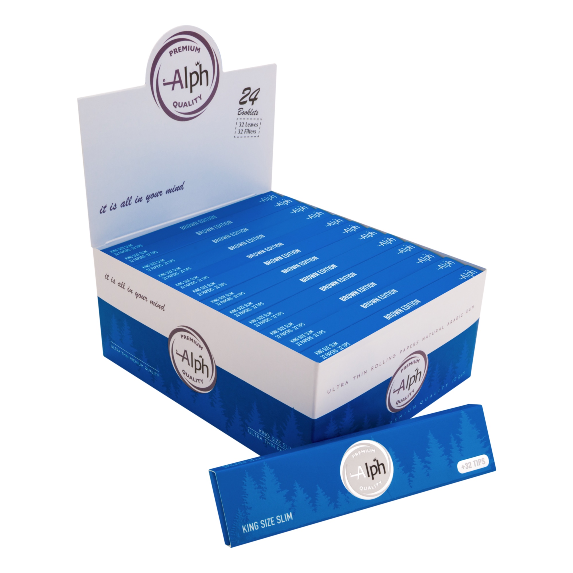 Alph King Size Brown Rolling Papers + Tips - Box of 24 Booklets (Brown Edition)